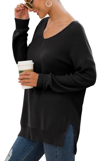 V-Neck Long Sleeve Side Split Loose Casual Knit Pullover Sweater Blouse